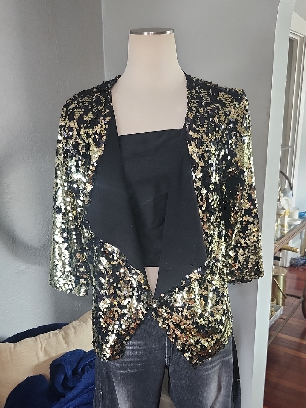Free Press Black & Gold Sequin Women's Open Blazer Jacket Sz. M Cardigan